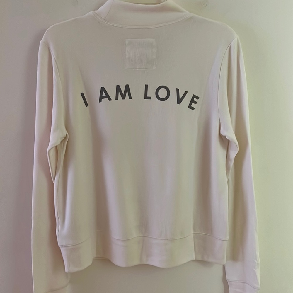 PEACE LOVE WORLD Comfy Mock Neck Pullover with “I AM LOVE” Graphic on the Back